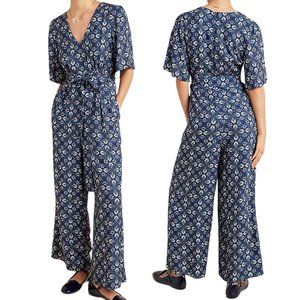 Anthropologie LAIA Norma Wide Leg Tie Waist Jumpsuit in Blue Floral Motif Print